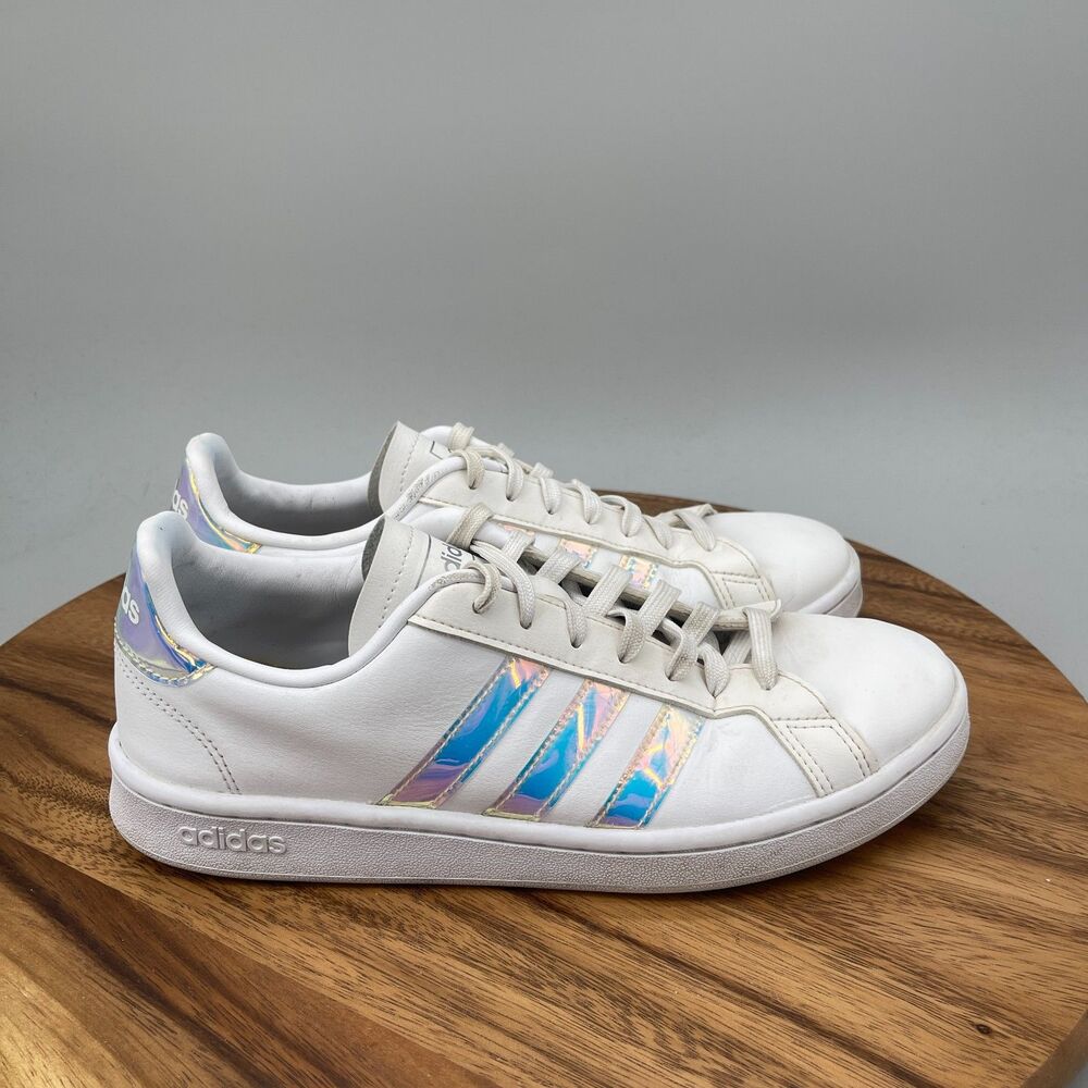 Adidas Grand Court Cloud Shoes Womens Size 9.5 White Leather Hologram Sneakers